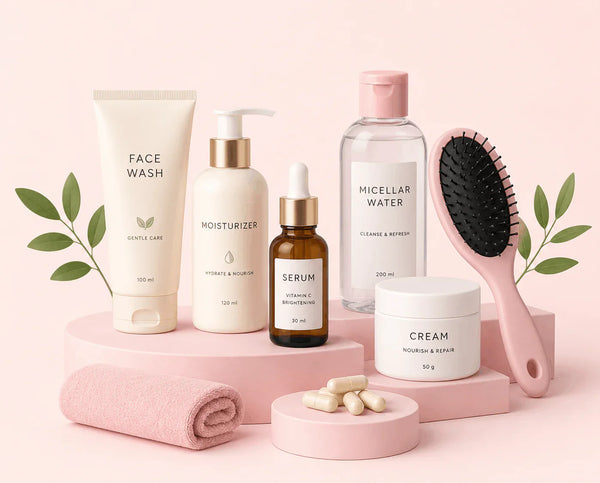 Health and beauty skincare routine products including face wash, moisturizer lotion, vitamin C brightening serum, micellar water, and nourishing cream