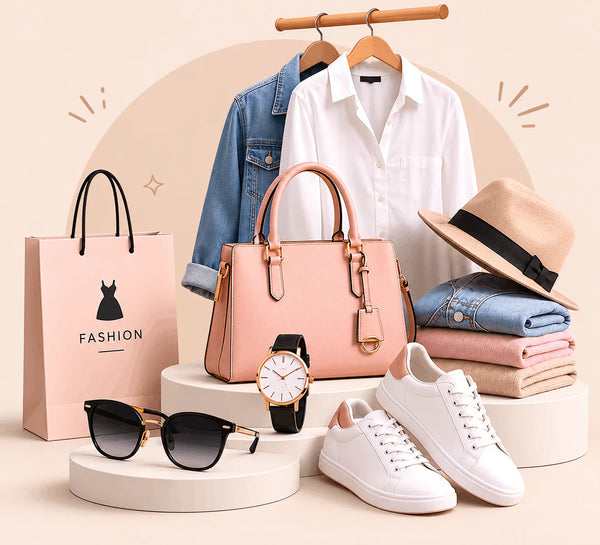 Women's spring fashion essentials including a pink handbag, white sneakers, sunglasses, and a fedora hat
