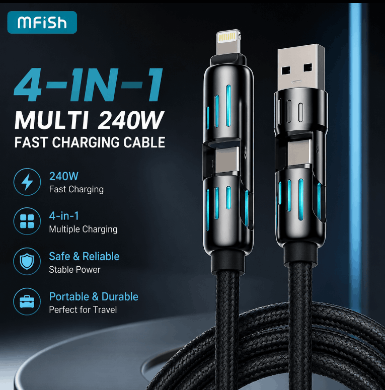 4-in-1 multi charging cable with MFi logo on a dark background