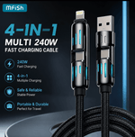 4-in-1 multi charging cable with MFi logo on a dark background