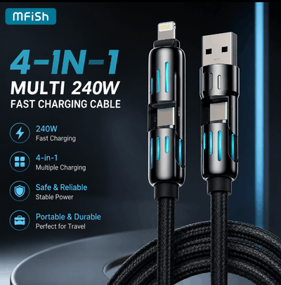 4-in-1 multi charging cable with MFi logo on a dark background
