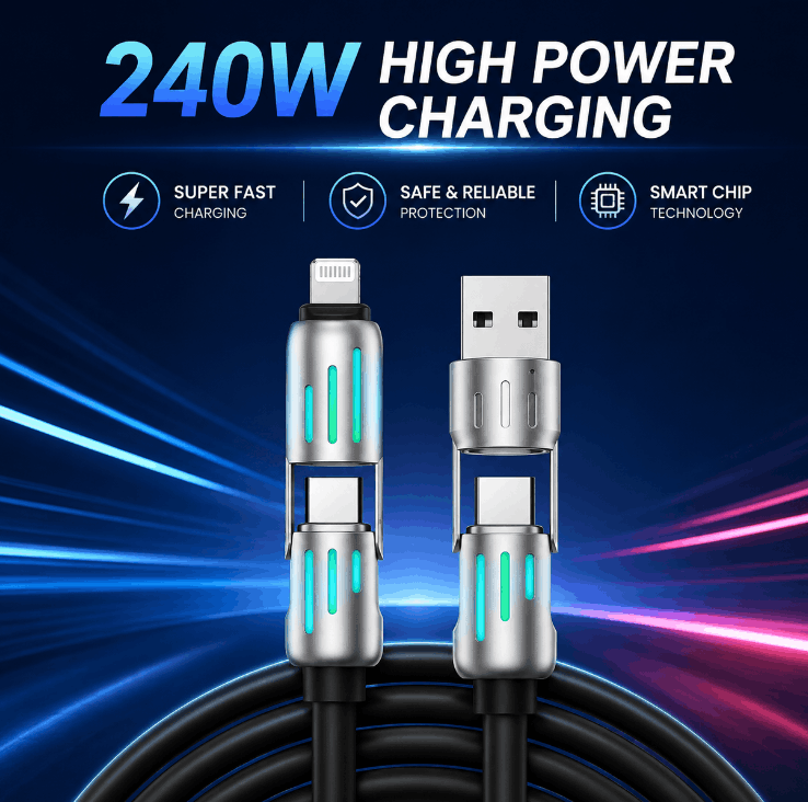 A 240W fast charging cable with a USB-C connector on one end and a Lightning connector on the other, shown against a dark blue graphic background with text highlighting high power charging, super fast charging, safe & reliable protection, and smart chip technology.