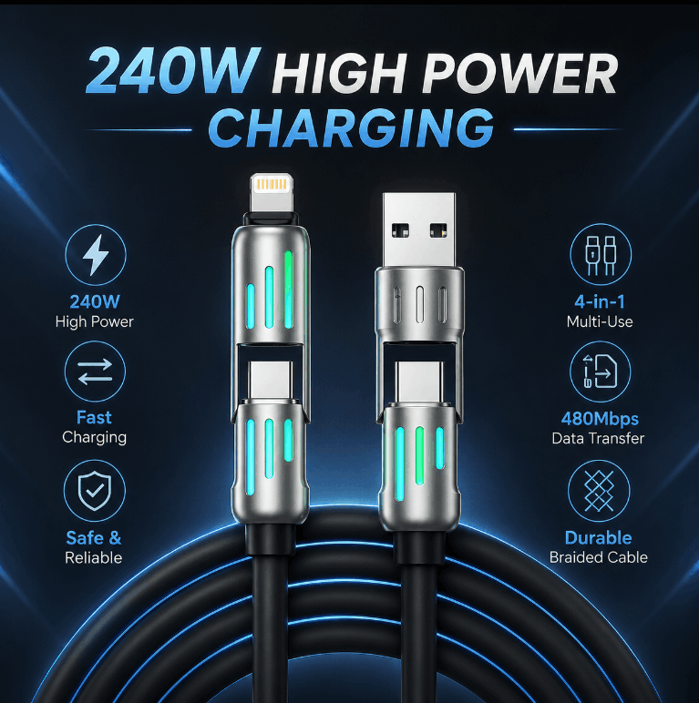 A 240W high-power charging cable shown on a dark blue promotional background with text callouts for fast charging, 4-in-1 multi-use, 480Mbps data transfer, and durable braided cable.