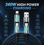 A 240W high-power charging cable shown on a dark blue promotional background with text callouts for fast charging, 4-in-1 multi-use, 480Mbps data transfer, and durable braided cable.