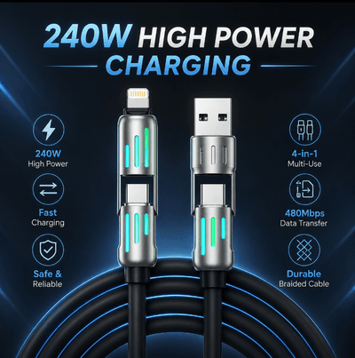 A 240W high-power charging cable shown on a dark blue promotional background with text callouts for fast charging, 4-in-1 multi-use, 480Mbps data transfer, and durable braided cable.