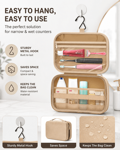 A beige zippered hanging toiletry bag shown open on a light bathroom-counter background, with text callouts about easy hanging, space-saving design, and water resistance. Smaller inset images at the bottom show the hook, the closed bag, and a water droplet test on the bag surface.