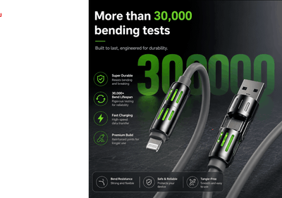 A black and gray USB-C charging cable with bright green accents on the connectors, shown against a dark promotional background with text highlighting durability and charging speed.