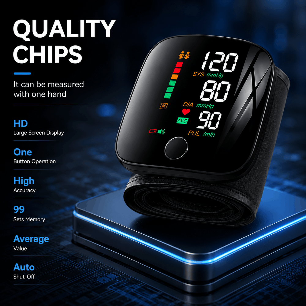 A black wrist blood pressure monitor with a curved digital display showing readings, placed on a glowing blue pedestal against a dark blue background. Large text on the left reads 'QUALITY CHIPS' with feature callouts including HD screen, one-button operation, high accuracy, 99 sets of memory, average value, and auto shut-off.