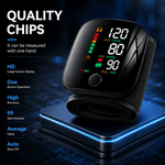 A black wrist blood pressure monitor with a curved digital display showing readings, placed on a glowing blue pedestal against a dark blue background. Large text on the left reads 'QUALITY CHIPS' with feature callouts including HD screen, one-button operation, high accuracy, 99 sets of memory, average value, and auto shut-off.