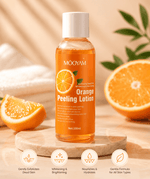 A bottle of MOOYAM Orange Peeling Lotion stands on a round wooden tray, surrounded by sliced oranges and soft beige fabric. Four circular icons at the bottom highlight benefits: gently exfoliating, whitening and brightening, nourishing and hydrating, and gentle formula for all skin types.