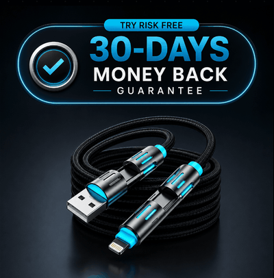 A coiled black braided USB-C to Lightning charging cable with metallic black and bright blue connector housings, shown on a dark background with a large '30-DAYS MONEY BACK GUARANTEE' promotional badge at the top.