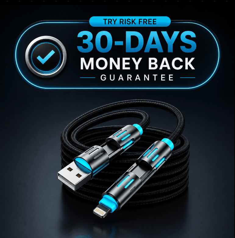 A coiled black braided USB-C to Lightning charging cable with metallic black and bright blue connector housings, shown on a dark background with a large '30-DAYS MONEY BACK GUARANTEE' promotional badge at the top.