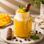 A glass mason jar drink with a handle, filled with a bright yellow mango smoothie and topped with whipped cream, fresh mint leaves, diced mango, and a chocolate-covered stick, set on a marble plate with mango slices, coffee beans, and chocolate sticks around it.
