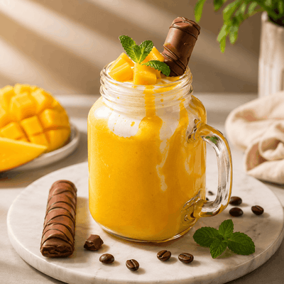 A glass mason jar drink with a handle, filled with a bright yellow mango smoothie and topped with whipped cream, fresh mint leaves, diced mango, and a chocolate-covered stick, set on a marble plate with mango slices, coffee beans, and chocolate sticks around it.