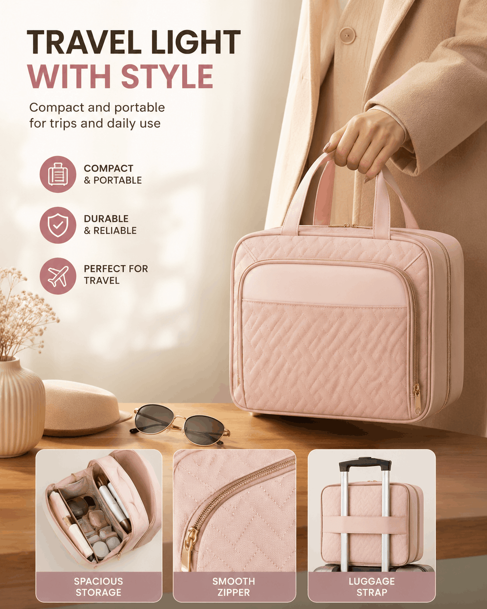 A light pink quilted travel light bag being carried by a person in a beige coat, shown with promotional text and three feature callouts at the bottom highlighting spacious storage, smooth zipper, and luggage strap.