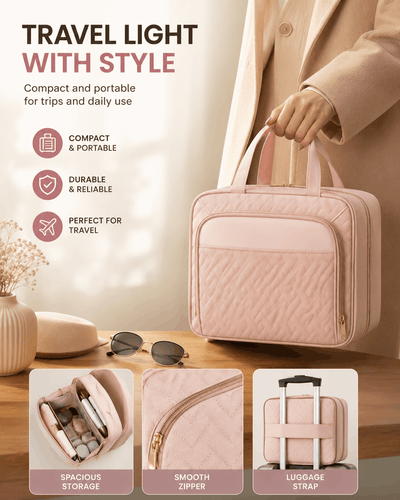 A light pink quilted travel light bag being carried by a person in a beige coat, shown with promotional text and three feature callouts at the bottom highlighting spacious storage, smooth zipper, and luggage strap.