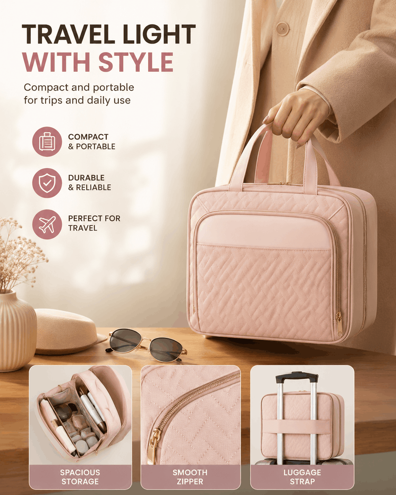 A light pink quilted travel light bag being carried by a person in a beige coat, shown with promotional text and three feature callouts at the bottom highlighting spacious storage, smooth zipper, and luggage strap.