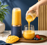 A portable blender with a navy blue base and gold collar stands on a wooden tray, with a hand pouring orange juice from a glass jar into a stemless wine glass. A cubed mango, strawberries, and blueberries are arranged around the tray against a dark blue wall and beige curtains.