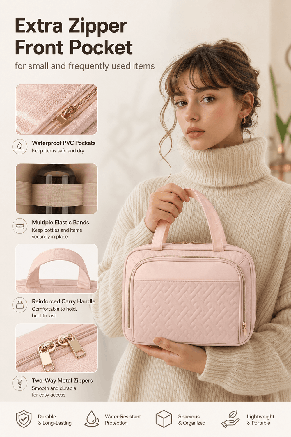 A woman in a cream turtleneck sweater holds a light pink quilted cosmetic bag with an extra zipper front pocket. The image is an infographic with feature callouts and icons on the left and bottom, highlighting waterproof PVC pockets, elastic bands, a reinforced carry handle, and two-way metal zippers.