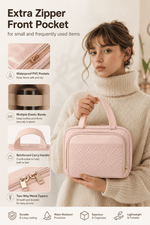 A woman in a cream turtleneck sweater holds a light pink quilted cosmetic bag with an extra zipper front pocket. The image is an infographic with feature callouts and icons on the left and bottom, highlighting waterproof PVC pockets, elastic bands, a reinforced carry handle, and two-way metal zippers.