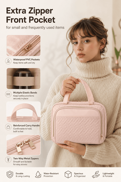 A woman in a cream turtleneck sweater holds a light pink quilted cosmetic bag with an extra zipper front pocket. The image is an infographic with feature callouts and icons on the left and bottom, highlighting waterproof PVC pockets, elastic bands, a reinforced carry handle, and two-way metal zippers.