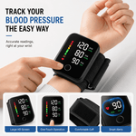 A wrist blood pressure monitor shown being worn on a person's wrist, with a close-up of the black rectangular device and a cuff. The image includes marketing text at the top and four feature callouts at the bottom highlighting a large HD screen, one-touch operation, a comfortable cuff, and smart alerts.
