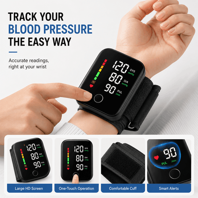 A wrist blood pressure monitor shown being worn on a person's wrist, with a close-up of the black rectangular device and a cuff. The image includes marketing text at the top and four feature callouts at the bottom highlighting a large HD screen, one-touch operation, a comfortable cuff, and smart alerts.