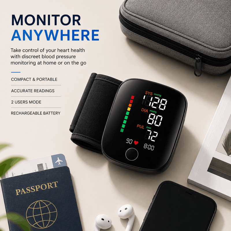 A wrist blood pressure monitor with a black strap and round digital display, shown on a light beige tabletop with a gray zip case, passport, earbuds, and a smartphone nearby. Text on the left reads 'MONITOR ANYWHERE' with feature callouts.