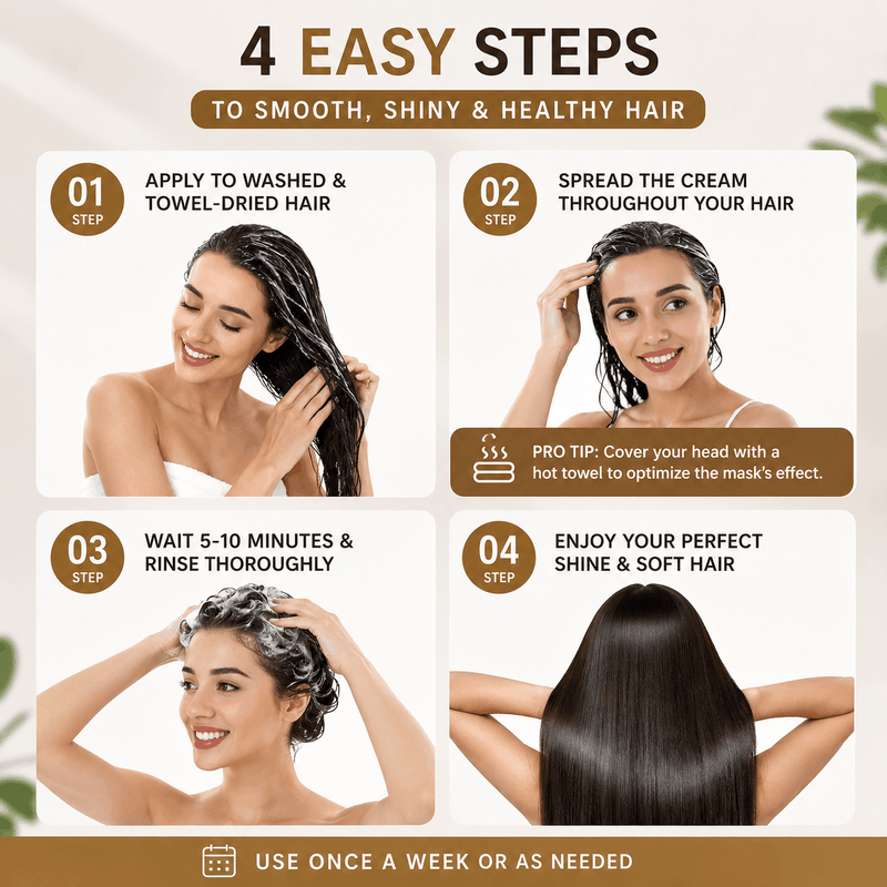 An infographic titled '4 EASY STEPS TO SMOOTH, SHINY & HEALTHY HAIR' showing a four-step hair care routine with photos of a woman applying and rinsing a hair product, plus text instructions and a pro tip.
