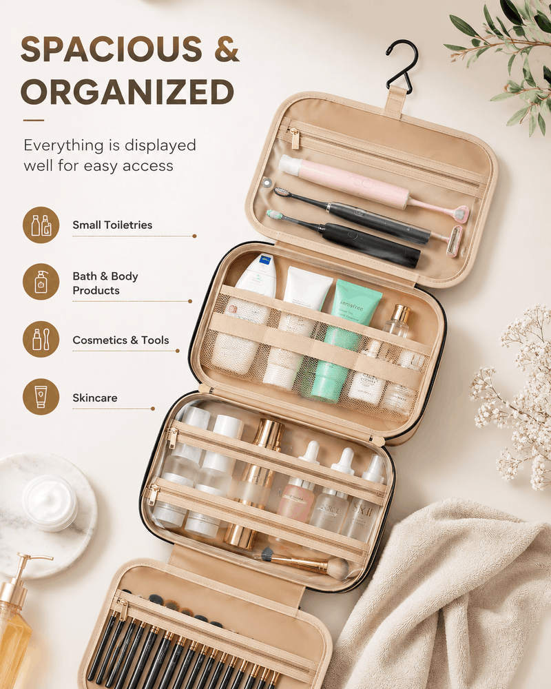 An open beige travel toiletry case with multiple compartments and elastic bands, filled with small toiletries, bath products, cosmetics, and brushes. The case is shown on a light beige background with decorative spa props and text reading 'SPACIOUS & ORGANIZED'.