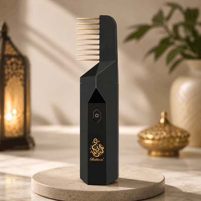 Bishkoor electric hair bakhoor comb and portable incense burner in black and gold with Arabic calligraphy