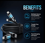 Black USB-C to Lightning cable with blue LED accents, shown coiled with two connectors exposed on a dark blue background with text highlighting benefits like multiple device compatibility, tangle-free design, and fast charging.