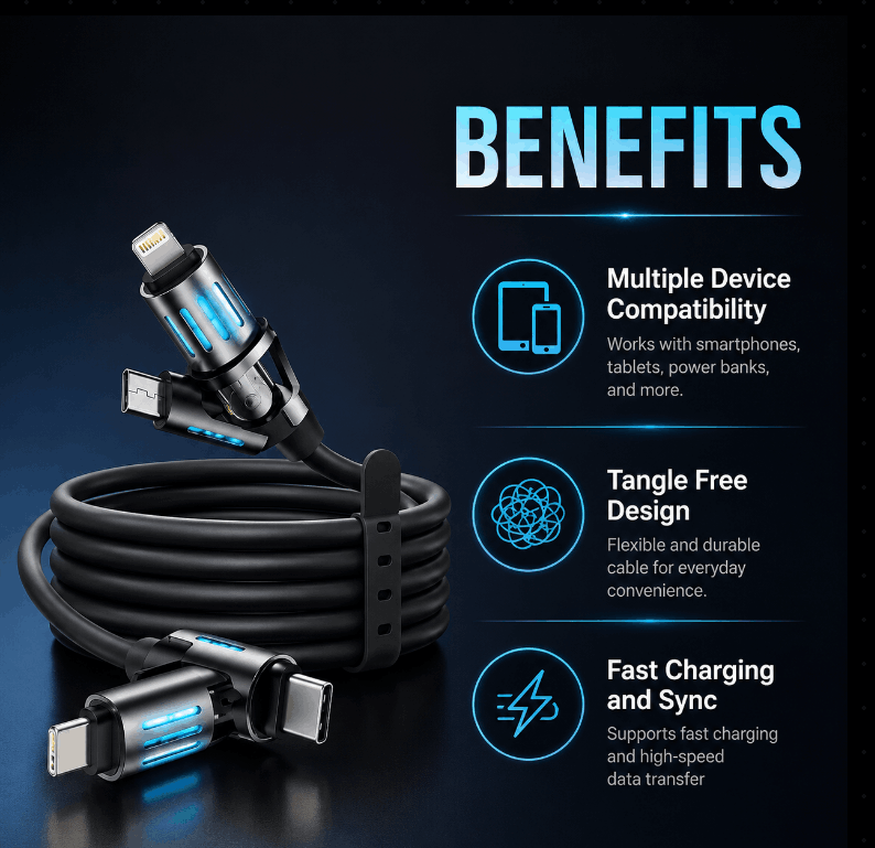 Black USB-C to Lightning cable with blue LED accents, shown coiled with two connectors exposed on a dark blue background with text highlighting benefits like multiple device compatibility, tangle-free design, and fast charging.