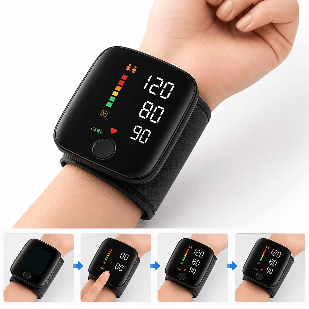 Black digital wrist blood pressure monitor shown worn on a person's wrist, with a main view and three smaller inset views demonstrating the steps to turn it on and view readings.