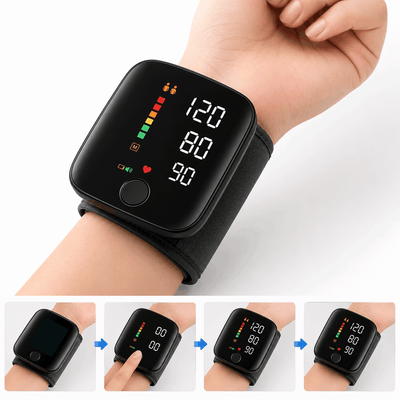 Black digital wrist blood pressure monitor shown worn on a person's wrist, with a main view and three smaller inset views demonstrating the steps to turn it on and view readings.