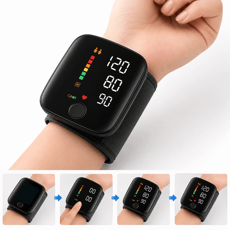 Black digital wrist blood pressure monitor shown worn on a person's wrist, with a main view and three smaller inset views demonstrating the steps to turn it on and view readings.