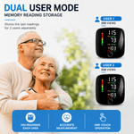 Digital upper arm blood pressure monitor shown in a promotional graphic with two user screens labeled User 1 and User 2, plus marketing text about dual user mode, memory reading storage, 200 readings, accurate measurement, and one-touch operation. A smiling older couple is pictured in the background.