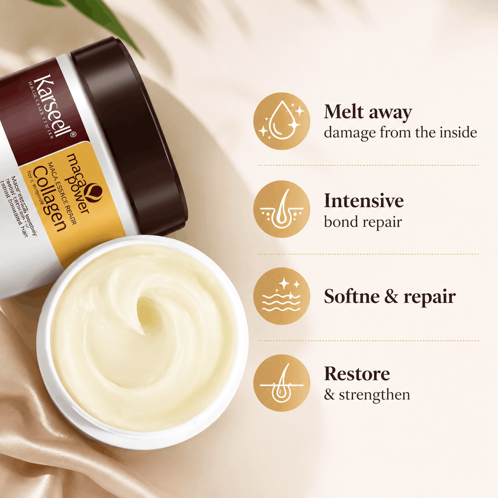 Kanscel Melt Away Collagen hair mask jar shown open with creamy off-white mask cream, alongside a second closed jar, on a soft beige background with decorative satin fabric and text callouts about repair and strengthening.