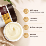 Kanscel Melt Away Collagen hair mask jar shown open with creamy off-white mask cream, alongside a second closed jar, on a soft beige background with decorative satin fabric and text callouts about repair and strengthening.