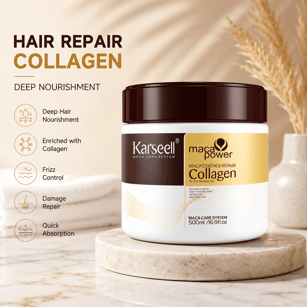 Karseel Mace Power Collagen hair repair jar displayed on a marble pedestal with a beige background, featuring promotional text on the left.