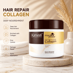 Karseel Mace Power Collagen hair repair jar displayed on a marble pedestal with a beige background, featuring promotional text on the left.