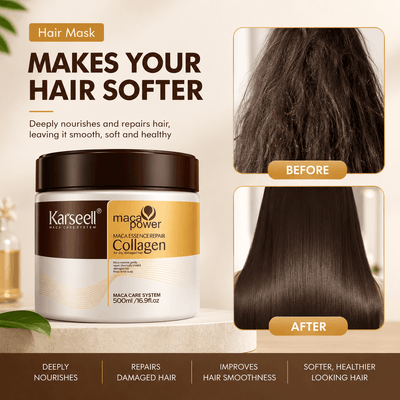 Karseell Maca Power Collagen Hair Mask jar shown with before/after hair texture and smoothness comparison panels on a beige promotional background.