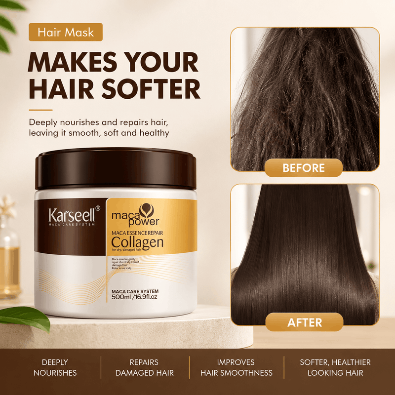 Karseell Maca Power Collagen Hair Mask jar shown with before/after hair texture and smoothness comparison panels on a beige promotional background.