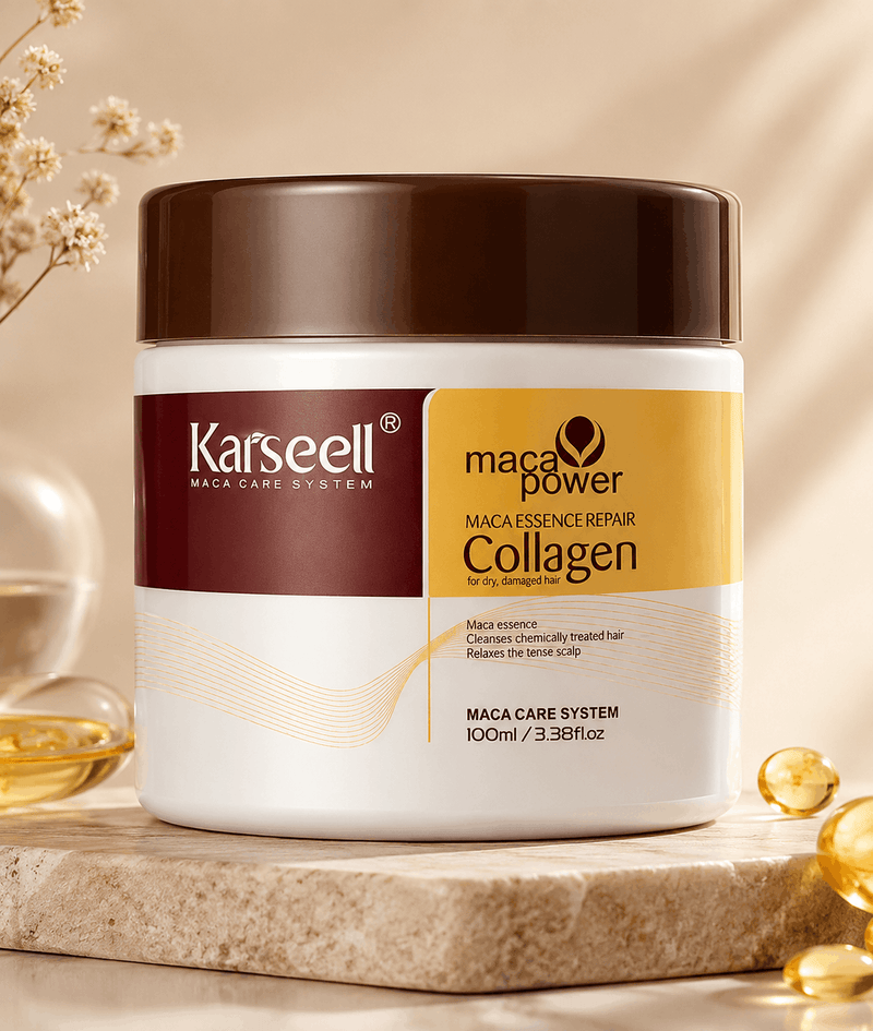 Karseell Maca Power Collagen hair care system jar, 100ml, displayed on a beige stone slab with golden capsules and dried flowers in a warm, elegant setting.