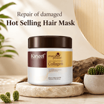 Karseell Maca Power Collagen hair mask jar displayed on a stone slab with decorative plants and wood in a styled setting. Text at the top reads 'Repair of damaged Hot Selling Hair Mask'.