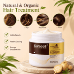 Karseell Maca Power Collagen hair treatment jar shown on a beige promotional background with before/after hair texture circles, text claims, and natural ingredients like roots and leaves.