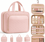 Large travel cosmetic bag with a quilted exterior, top carry handles, and a built-in hanging hook for toiletries