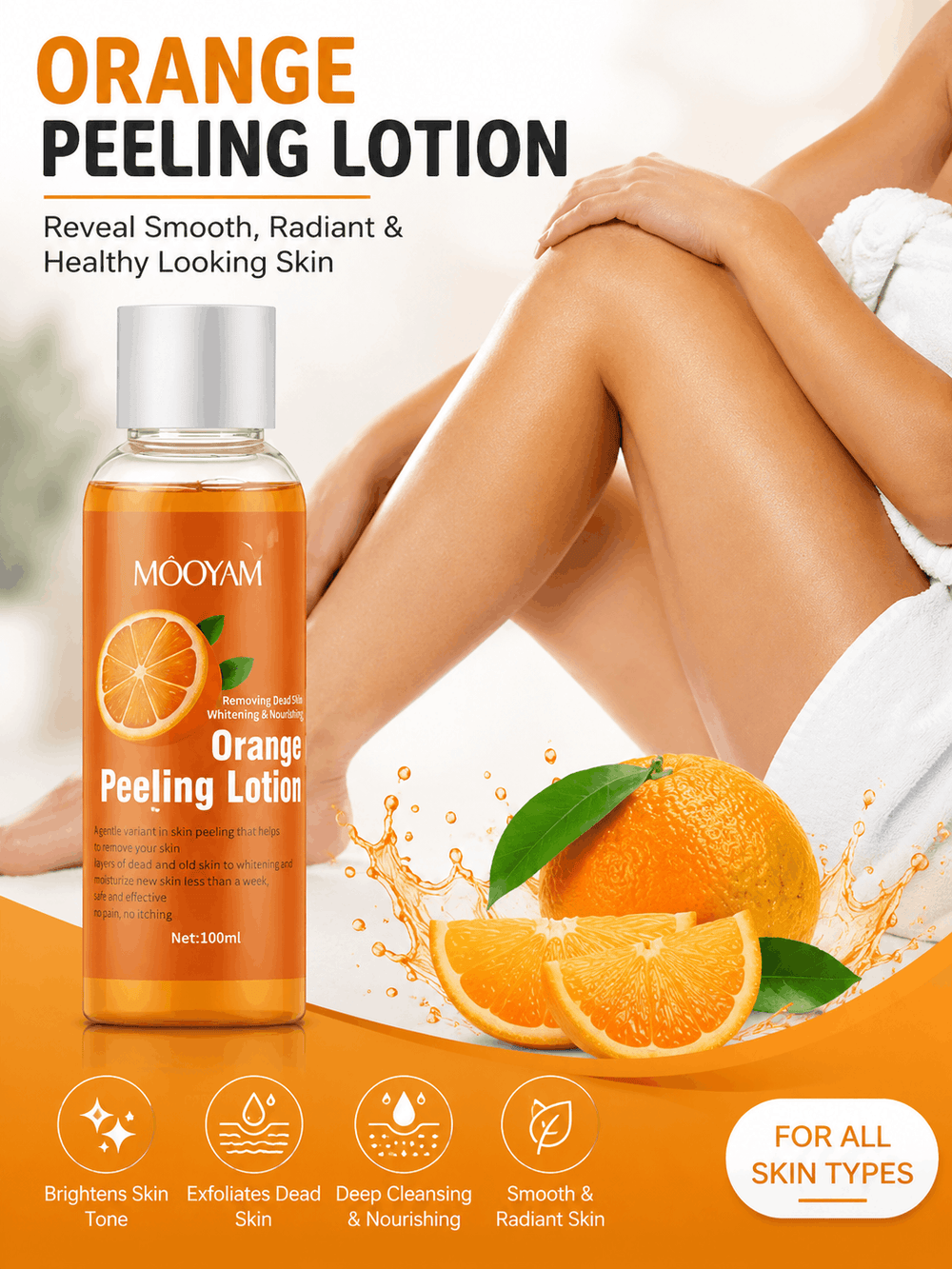 MOOYAM Orange Peeling Lotion bottle shown in a promotional ad with a woman's legs, oranges, and text highlighting skin benefits.