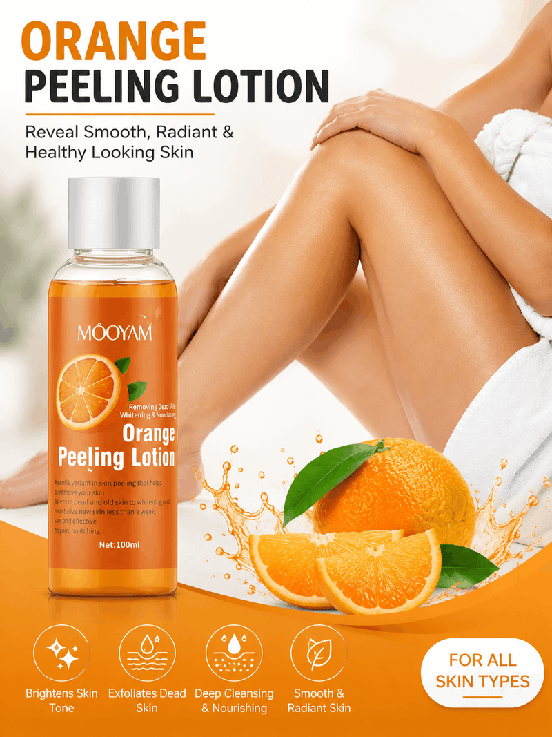 MOOYAM Orange Peeling Lotion bottle shown in a promotional ad with a woman's legs, oranges, and text highlighting skin benefits.