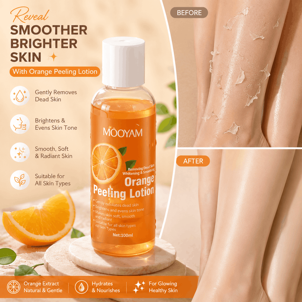 Mooyam Orange Peeling Lotion bottle shown on a styled beige background with before/after skin texture panels and orange extract graphics.